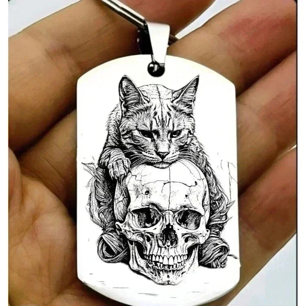 Kitty Cat Skull Horror Scary Art Keychain